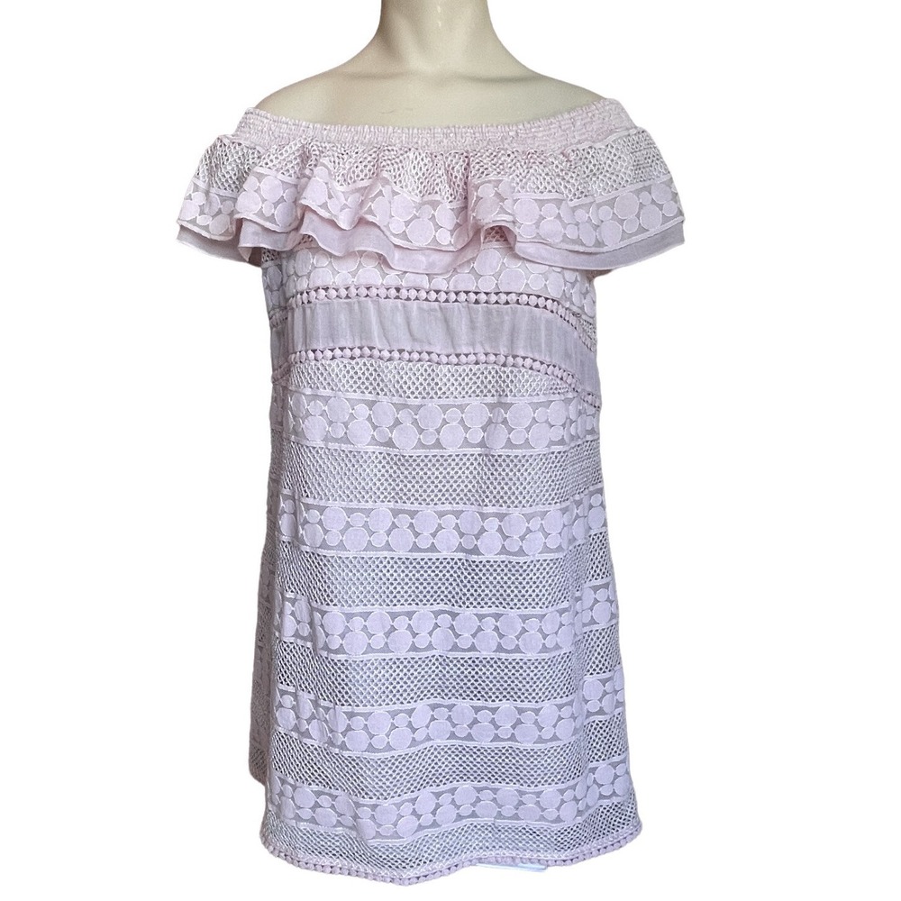 Kisuii Tunic Blouse Women's Medium Ania Off Shoulder Lace Coverup Pink‎ Ruffled